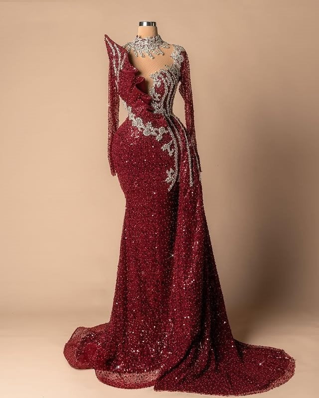 Bling Long Sleeve Illusion Neck Evening Mermaid Dress Sequins Beading Red Prom Dress AP6446