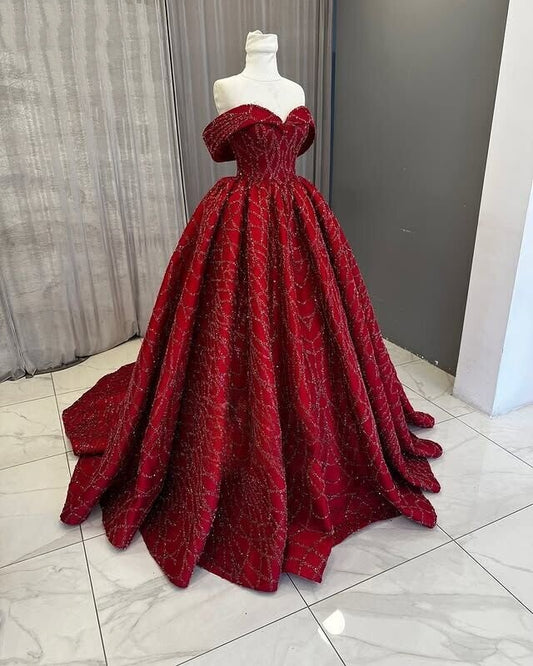 Trendy Off-Shoulder A-Line Sweet 16th Dresses Red Sequins Prom Dress AP6450
