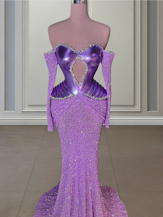 Fancy Long Sleeve Off-Shoulder Evening Mermaid Dress Crystals Sequins Prom Dress AP6457
