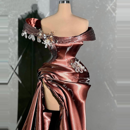 Refined Sheath Off-Shoulder Evening Dresses Ruched Crystals Prom Dress AP6461
