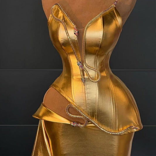 Enchanting Strapless Sweet 16th Mermaid Dresses Gold Cutout Prom Dress AP6470