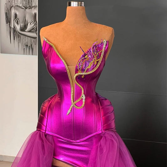 Superb A-Line Strapless Sweet 16th Gowns Slit Tulle Prom Dress AP6471