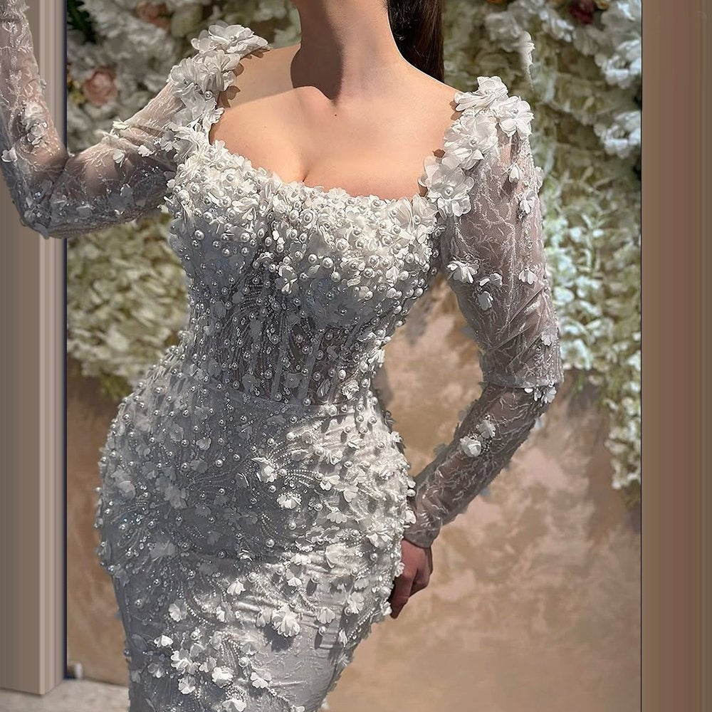 Amazing Square Neck Long Sleeve Pearls Bridal Mermaid Dress Appliques Sequins Wedding Dress AP6473
