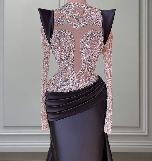 Splendid Long Sleeve Jewel Neck Black Evening Dress Sheath Beading Satin Prom Dress AP6476