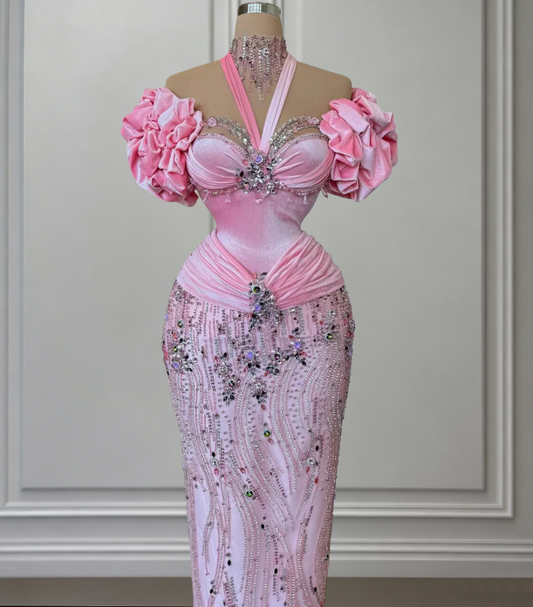 Eye-Catching Sheath Off-Shoulder Pink Evening Dresses Beading Rhinestones Prom Dress AP6480