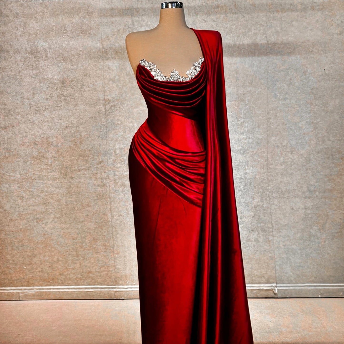 Sleek Long Sleeve Pleated One Shoulder Evening Dress Sheath Beading Red Prom Dress AP6482