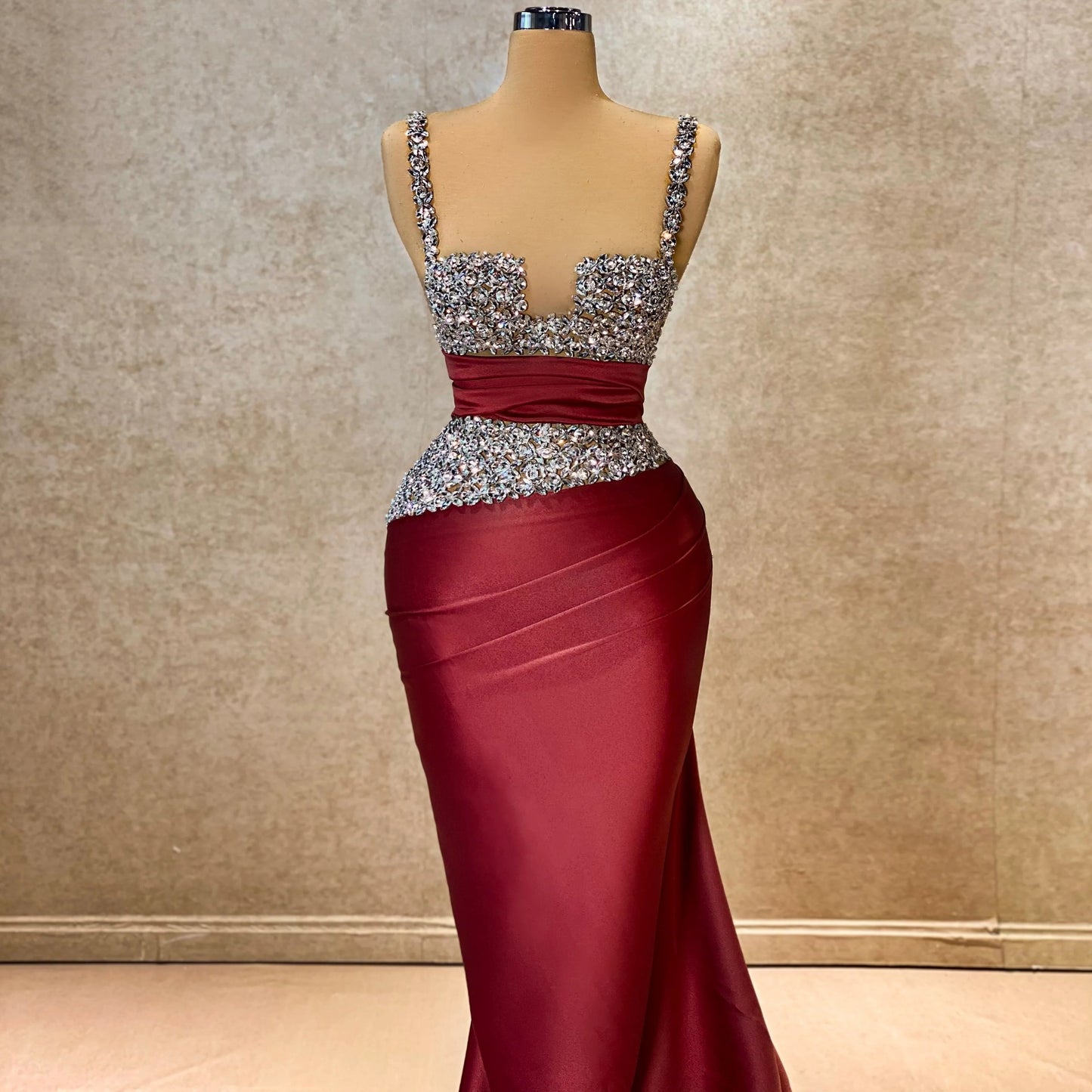 Lustrous Spaghetti Straps Mermaid Evening Dresses Crystals Red Prom Dress AP6485