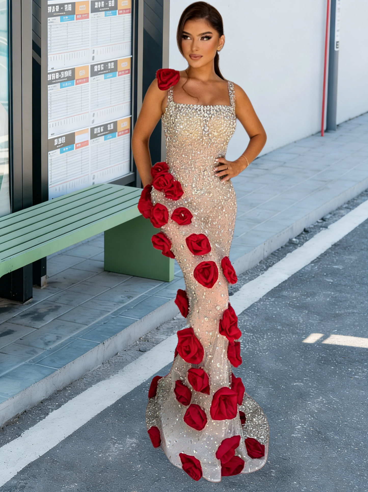 Chic Spaghetti Straps 3D Appliques Mermaid Evening Dresses Sequins Beading Prom Dress AP6489