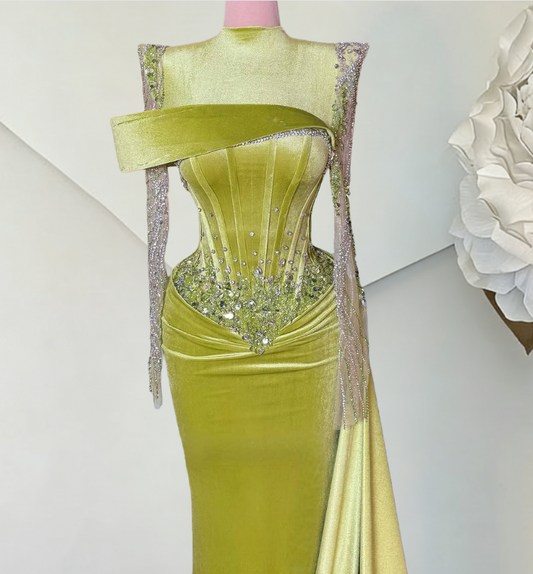 Sweet Long Sleeve High Collar Evening Dress Sheath Crystals Sequins Prom Dress AP6495