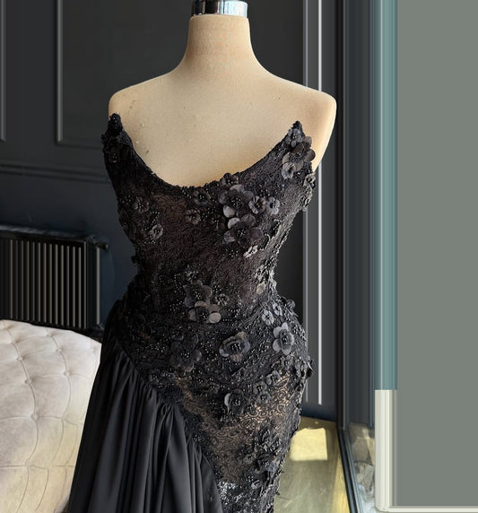 Vintage Sheath Black Strapless Evening Dresses Appliques Lace Beads Prom Dress AP6498