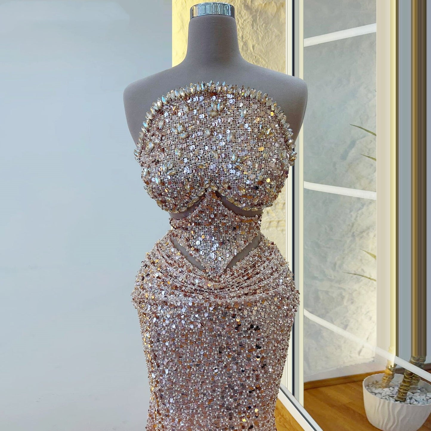 Artistic Strapless Sequins Cutout Sweet 16th Mermaid Dresses Crystals Beads Prom Dress AP6499