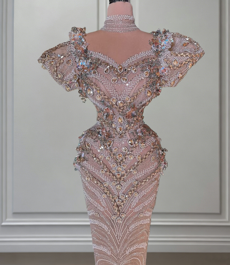 Ethereal Sweetheart Neck Sheath Evening Gowns Short Sleeve Crystals Beading Sequins Prom Dress AP6501
