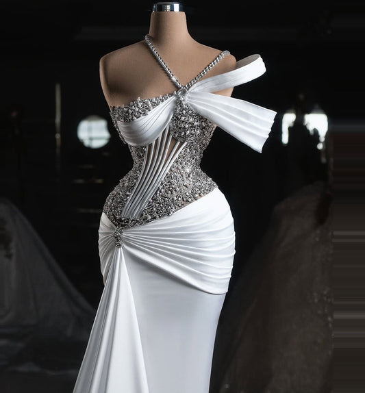Alluring Off-Shoulder Sheath Bridal Gowns Beading Pleated Wedding Dress AP6503