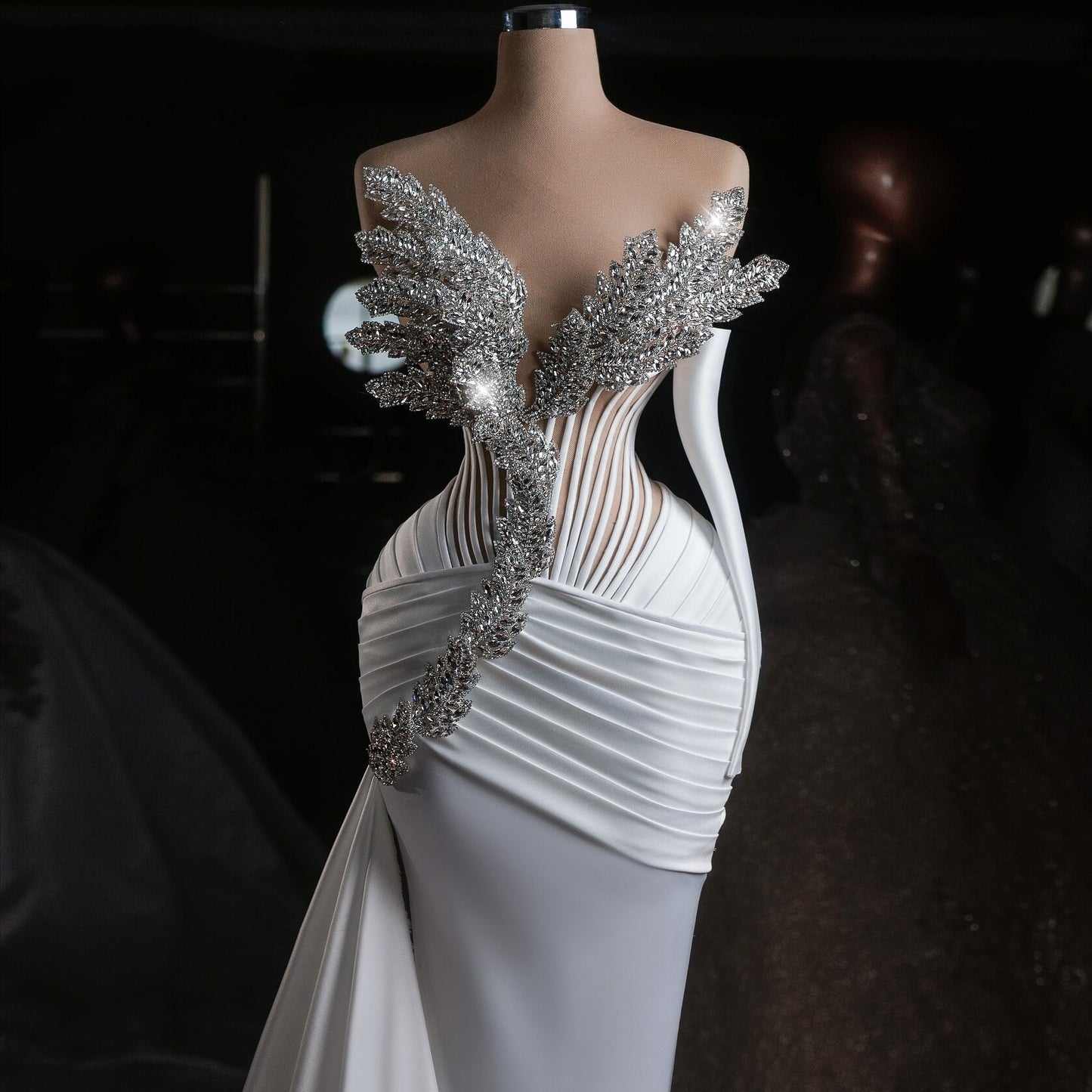 Gorgeous Strapless Sheath Bridal Gowns Beading Long Sleeve Pleated Wedding Dress AP6504