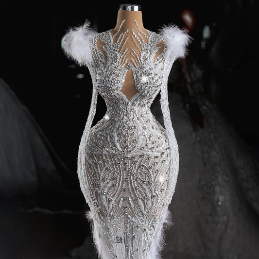 Novelty V Neck Long Sleeve Bridal Mermaid Dress Feather Crystals Beading Wedding Dress AP6508