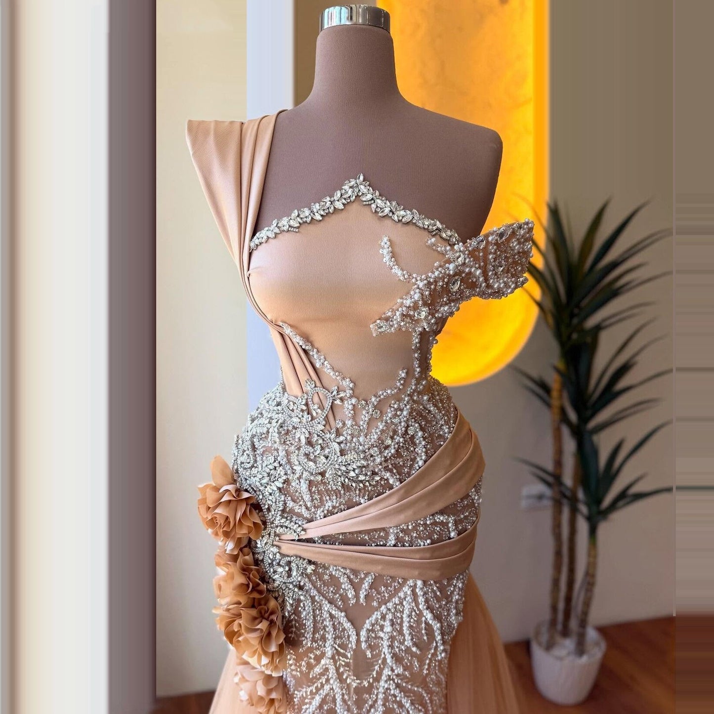 Vibrant One Shoulder Handmade Flowers Mermaid Evening Dresses Sequins Beading Prom Dress AP6511