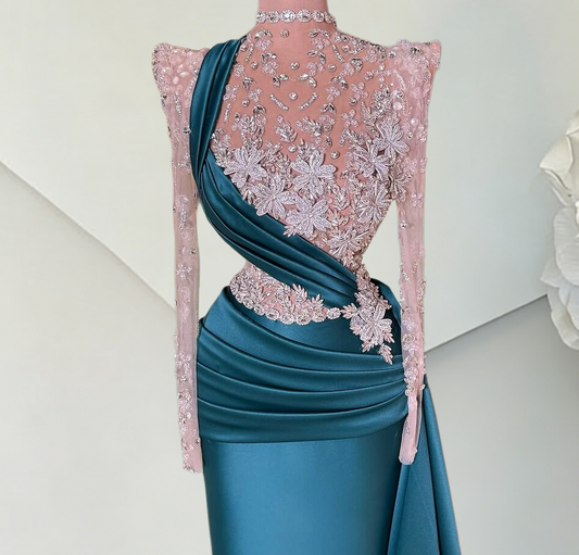 Stylish High Collar Long Sleeve Satin Evening Dress Sheath Crystals Appliques Prom Dress AP6519