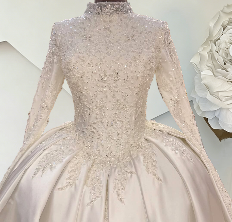 Flattering High Collar A-Line White Bridal Gowns Long Sleeve Sequins Appliques Satin Wedding Dress AP6520