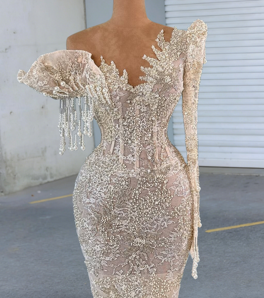 Sexy Lace One Shoulder Evening Mermaid Dress Long Sleeve Tassel Beading Prom Dress AP6523