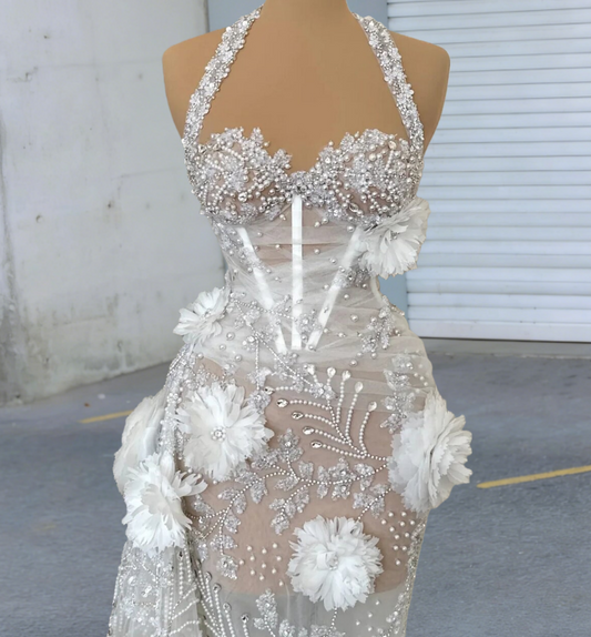Vogue Sheath Halter Neck Handmade Flowers Bridal Dress Beading Crystals Wedding Dress AP6524
