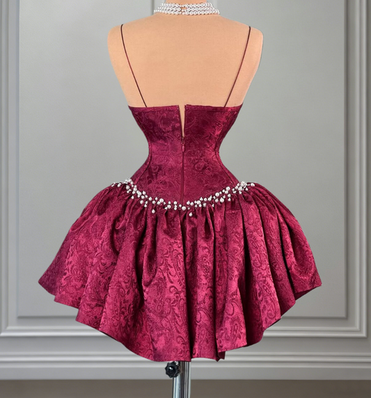 Princess A-Line Spaghetti Strap Birthday Gowns Jacquard Pearls Homecoming Dress AP6527