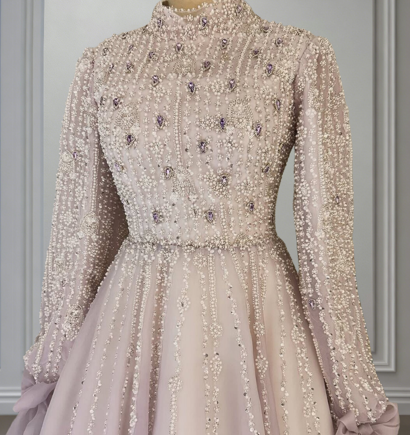 Pretty Long Sleeve High Collar Beading Sweet 16th Dresses A-Line Crystals Sequins Prom Dress AP6528