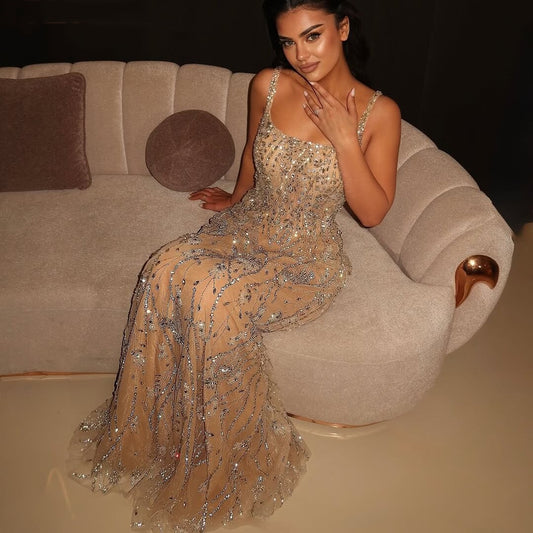 Delicate Spaghetti Strap A-Line Evening Gowns Sequins Crystals Prom Dress AP6530