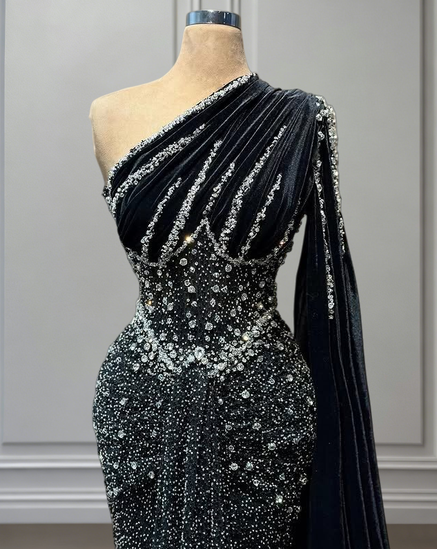 Gothic-Style One Shoulder Mermaid Evening Dresses Crystals Beading Prom Dress AP6538
