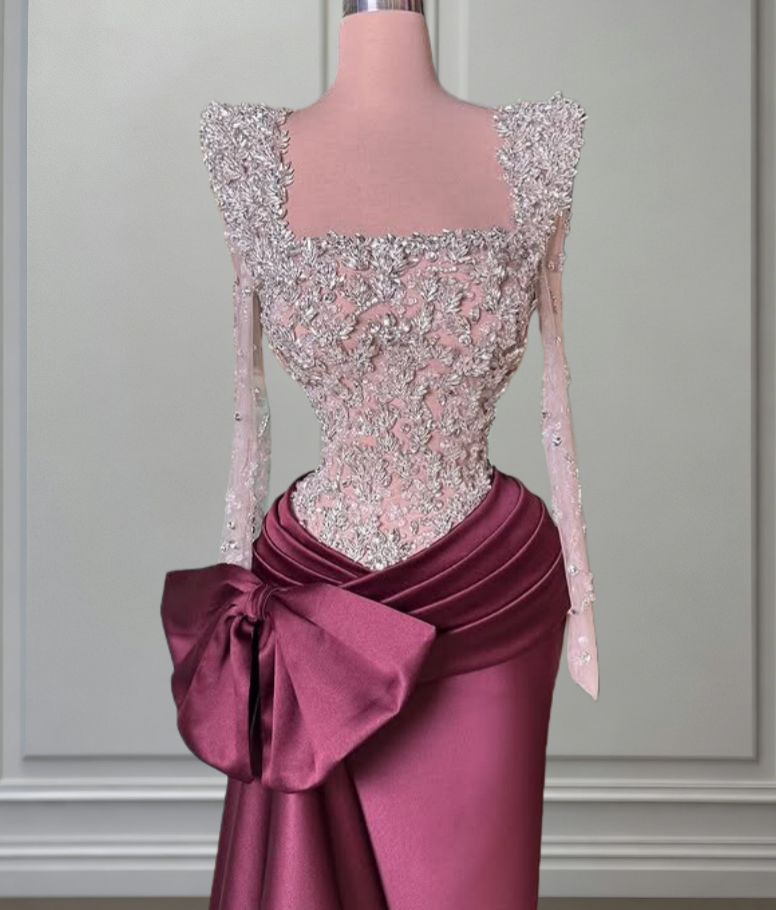 Refined Square Neck Sheath Pleated Evening Dress Bow Long Sleeve Crystals Prom Dress AP6543