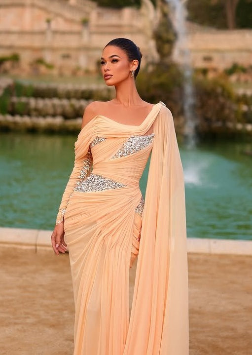 Beautiful One Shoulder Evening Mermaid Dress Long Sleeve Rhinestones Prom Dress AP6544