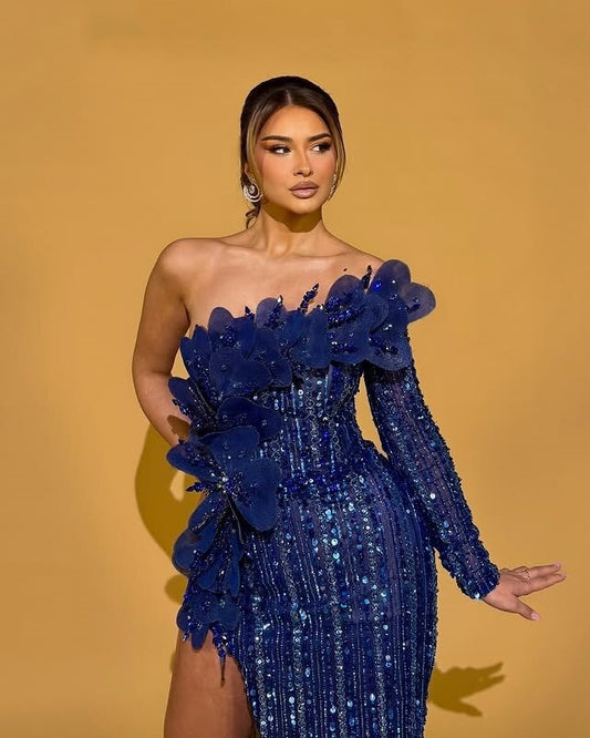 Enchanting One Shoulder A-Line High-Slit Evening Dress Long Sleeve Handmade Flowers Sequins Prom Dress AP6545