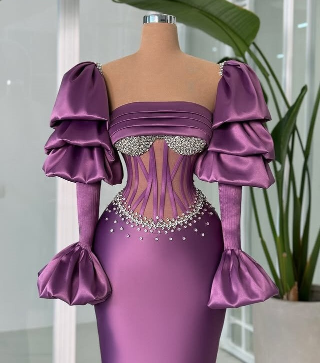 Appealing Square Neck Sheath Satin Evening Dress Crystals Long Sleeve Prom Dress AP6549