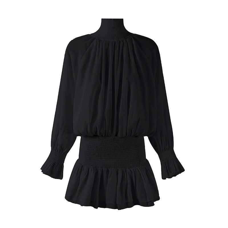 Fascinating Long Puff Sleeves Ruffle Cuffs A-Line Mini Skirt Elegant Shirred Waistband Chiffon High Mock Neck Tiered Short Dress AP6551