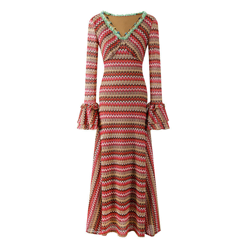 Enticing Bell Sleeves High Slit A-Line V Neck Maxi Dress Bohemian Multicolor Zigzag Knit Green Lace Trim Long Dress AP6553