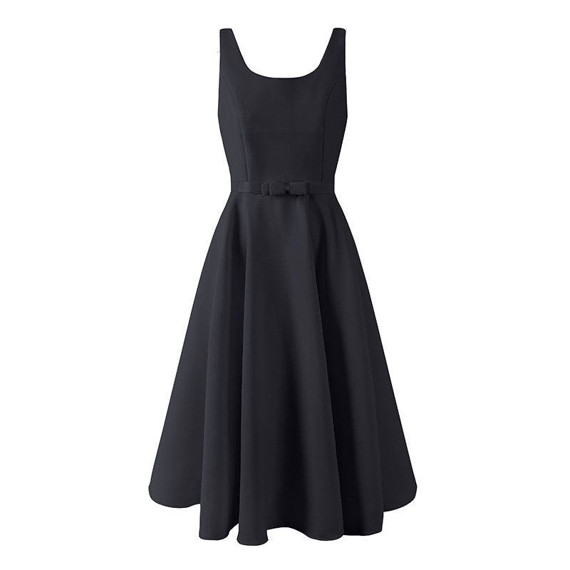 Avant-Garde Square Neck Sleeveless A-Line Maxi Dress Elegant Satin Structured Bodice Bow Belt Flared Long Dress AP6554