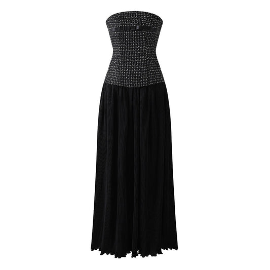 Dainty A-Line Tweed Top Satin Bow Maxi Dresses Chic Strapless Flowy Long Dress AP6558