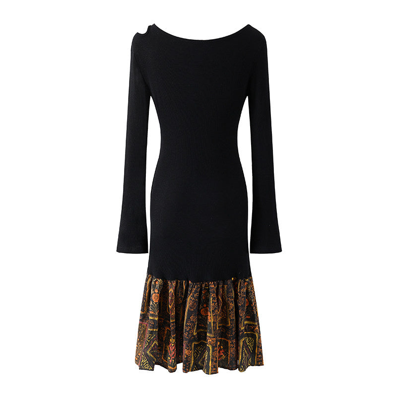 Lustrous Tribal Print Ruffle Hem Bow & Floral Buttons Midi Skirt Bohemian Jewel Neck Black Ribbed A-Line Long Dress AP6560
