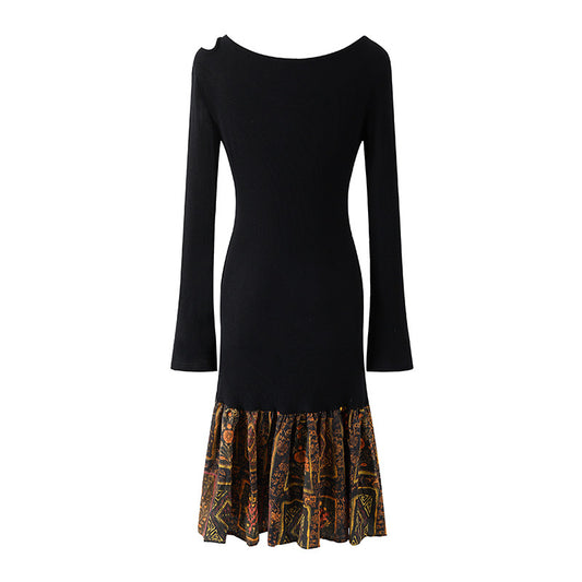 Lustrous Tribal Print Ruffle Hem Bow & Floral Buttons Midi Skirt Bohemian Jewel Neck Black Ribbed A-Line Long Dress AP6560
