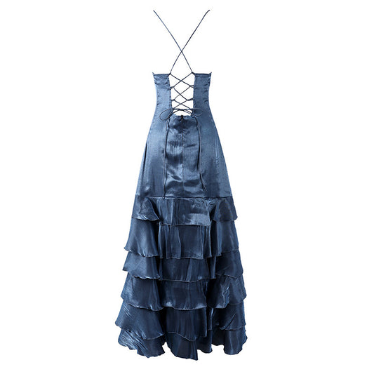 Romantic High Slit Satin V-Neck A-Line Maxi Skirt Elegant Navy Blue Layered Ruffle Hem Long Dress AP6561