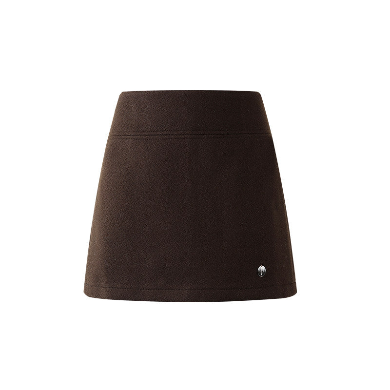 Fabulous Short Jacket Dark Brown Long Sleeve Mini Skirt Two Piece Elegant Taupe Wool Blend White Faux Fur Collar Gold Accents Short Dress AP6562