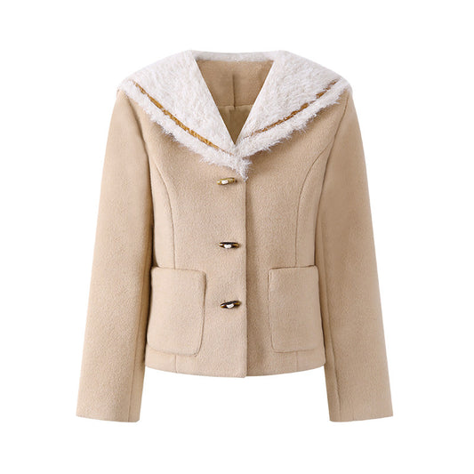 Fabulous Short Jacket Dark Brown Long Sleeve Mini Skirt Two Piece Elegant Taupe Wool Blend White Faux Fur Collar Gold Accents Short Dress AP6562