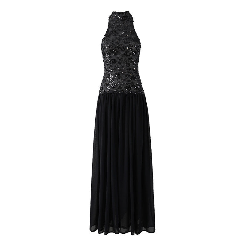 Chic Sequin Lace Top Halter Neck A-Line Maxi Dress Elegant Black Sleeveless Chiffon Long Dress AP6563