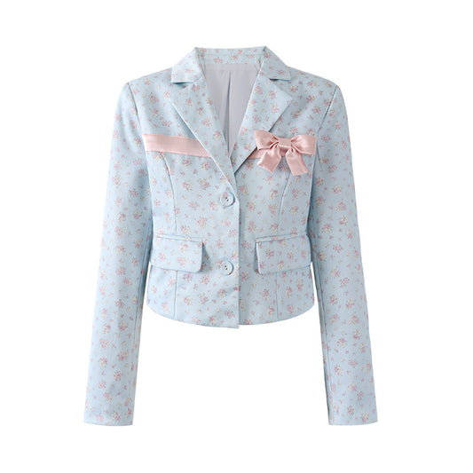 Elegant Lapel Neck Long Sleeve Jacket Sheath Mini Skirt Cute Light Blue Floral Pink Satin Bow Front Two Piece Short Dress AP6566