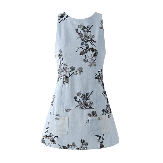 Classical Long Sleeve High Collar Lining A-Line Mini Skirt Cute Light Blue Denim Sleeveless Tunic Dress Floral Pocket Details Short Dress AP6567