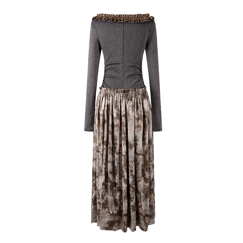 Sweet Ruched Long-Sleeve Top A-Line Maxi Dress Dark Grey V-Neck Tie-Dye Brown Ruffled Long Dress AP6569