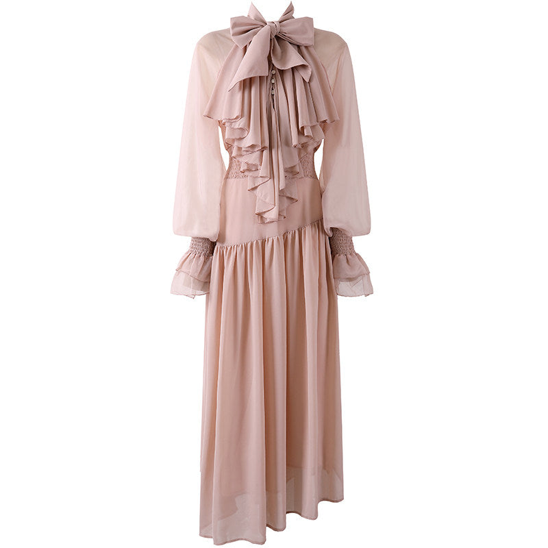 Cute Bow Neck Button-Through A-Line Maxi Dress Romantic Blush Pink Ruffles Long Sleeves Flowing Chiffon Long Dress AP6570