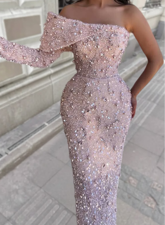 Dreamy Prom Dress Off Shoulder Sheath Sequins Beads Long Sleeve Evening Dress AP6573