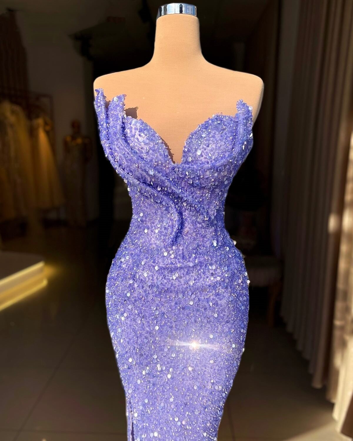 Sheen Prom Dress Sheath Strapless Sequins High Slit Purple Evening Dress AP6579