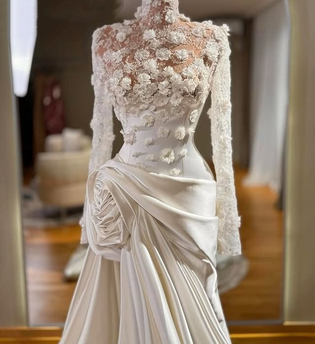Bling Wedding Dress High Collar A-Line Long Sleeve Appliques Sequins Bridal Gowns AP6595