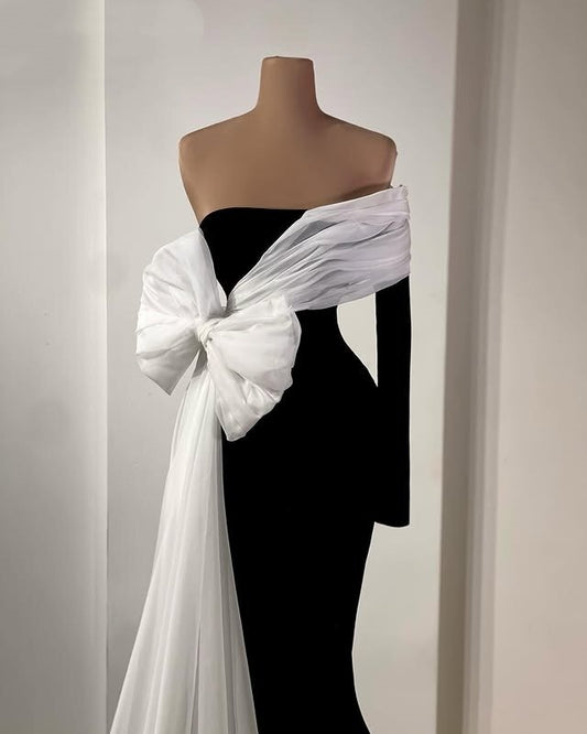 Fitted Prom Dress One Shoulder Black Mermaid Evening Dress Long Sleeve Bow Long Dress AP6596